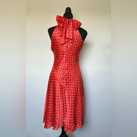 New Women’s Donna Ricco Silk Tie Neck Dress in Orange With Gold Circles Size 6P - Picture 9 of 16